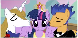 Size: 532x259 | Tagged: safe, artist:ponymaan, derpibooru import, flash sentry, prince blueblood, twilight sparkle, twilight sparkle (alicorn), alicorn, pony, bluesentry, clothes, coronation dress, cropped, dress, female, flashlight, gay, inverted mouth, kissing, male, mare, shipping, straight, twiblood