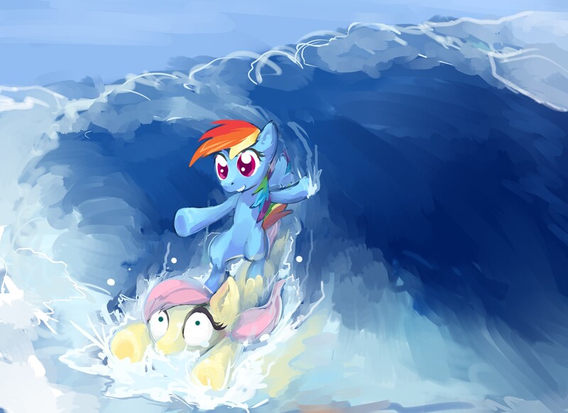 Size: 2200x1600 | Tagged: artist:vapgames, derpibooru import, fluttershy, ocean, ponies riding ponies, pony on pony surfing, rainbow dash, safe, surfboard, surfing, wat, water, wave