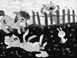 Size: 1200x908 | Tagged: artist:cygaj, daisy, derpibooru import, flower, flower wishes, lily, lily valley, monochrome, rabbit, roseluck, safe