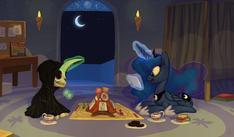 Size: 1284x750 | Tagged: artist:carnifex, board game, candy mountain, derpibooru import, discworld, moon, mort, mort takes a holiday, night, oc, princess luna, safe