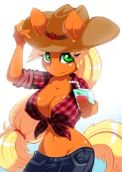 Size: 500x707 | Tagged: ambiguous facial structure, anthro, applejack, apple juice, artist:sokewa, belly button, breasts, busty applejack, cleavage, clothes, cowboy hat, derpibooru import, female, front knot midriff, hat, jeans, juice box, midriff, pants, solo, solo female, suggestive