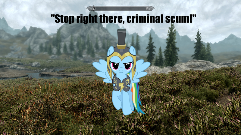 Size: 1920x1080 | Tagged: armor, commander hurricane, derpibooru import, frown, glare, helmet, looking at you, oblivion, ponies in video games, rainbow dash, raised hoof, safe, skyrim, solo, spread wings, stop right there criminal scum, the elder scrolls