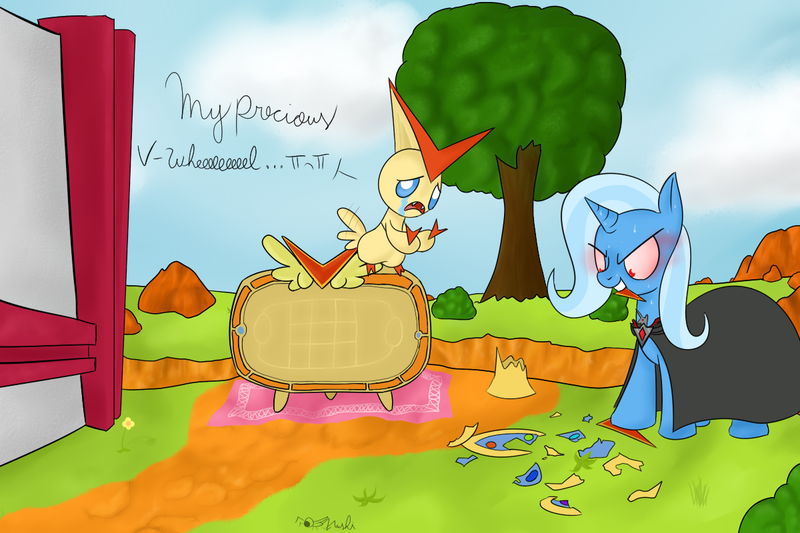 Size: 1200x800 | Tagged: safe, artist:rodolfomushi, derpibooru import, trixie, pony, unicorn, victini, alicorn amulet, crossover, crying, pokemon mystery dungeon gates to infinity, pokémon, pokémon mystery dungeon, that pony sure does hate wheels