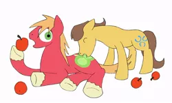 Size: 900x539 | Tagged: safe, artist:stileelits, derpibooru import, big macintosh, caramel, earth pony, pony, apple, biting, butt bite, caramac, floppy ears, gay, male, shipping, stallion