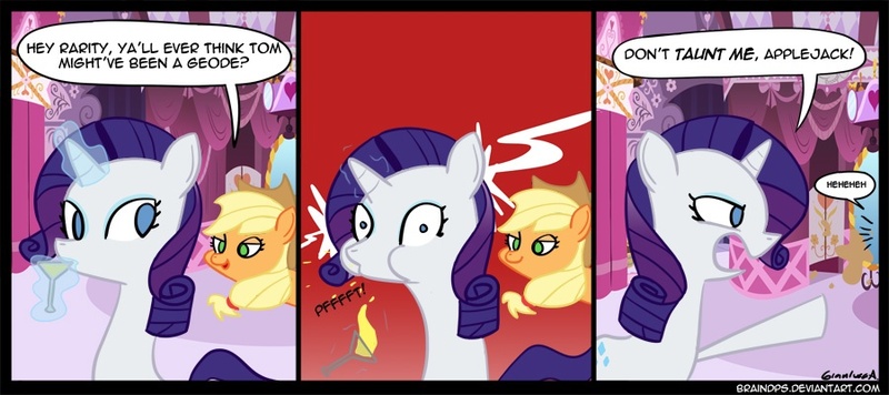 Size: 900x400 | Tagged: applejack, appletroll, artist:braindps, comic, derpibooru import, geode, rarity, safe, spit take, tom