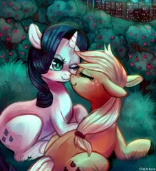 Size: 1024x1126 | Tagged: safe, artist:cherivinca, derpibooru import, applejack, rarity, earth pony, pony, unicorn, apple, apple tree, blushing, eyes closed, female, floppy ears, food, lesbian, mare, nuzzling, one eye closed, rarijack, shipping, smiling, tree