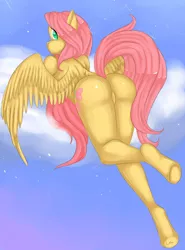 Size: 600x809 | Tagged: anthro, artist:misukitty, ass, cloud, dead source, derpibooru import, female, fluttershy, presenting, solo, solo female, suggestive, the ass was fat, underhoof, unguligrade anthro