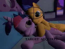 Size: 1024x768 | Tagged: semi-grimdark, suggestive, artist:pika-robo, derpibooru import, flash sentry, twilight sparkle, 3d, bed, crosshair, cuddling, drama, flashlight, gmod, shipping, snuggling, twibrad drama