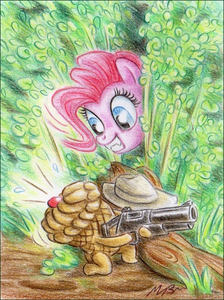 Size: 912x1220 | Tagged: safe, artist:deathcutlet, derpibooru import, pinkie pie, cake, clever girl, cupcake, gun, jurassic park, parody, traditional art, wat