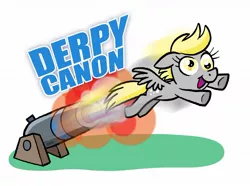 Size: 1200x895 | Tagged: safe, artist:shuffle001, derpibooru import, derpy hooves, pegasus, pony, cannon, canon, female, mare, pun, solo