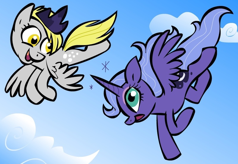 Size: 999x688 | Tagged: safe, artist:shuffle001, derpibooru import, derpy hooves, princess luna, pegasus, pony, female, mare