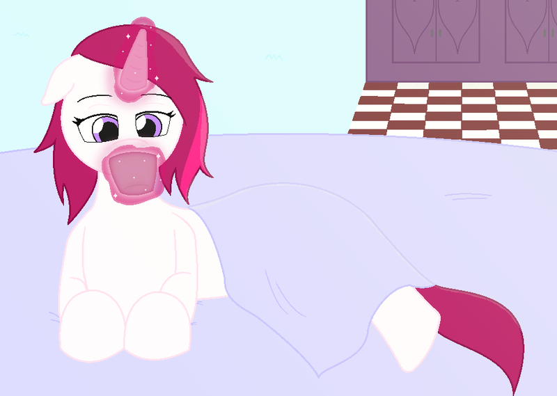 Size: 958x681 | Tagged: safe, artist:voltrathelively, derpibooru import, oc, unofficial characters only, pony, unicorn, bed mane, blanket, cup, magic, solo