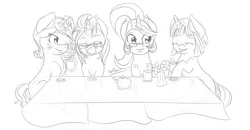 Size: 3000x1565 | Tagged: artist:shelltoon, derpibooru import, grayscale, monochrome, oc, oc:golden hearth, oc:kneaded rubber, oc:lemontwist, oc:succy, safe, tea, teacup, tea party, teapot, unofficial characters only