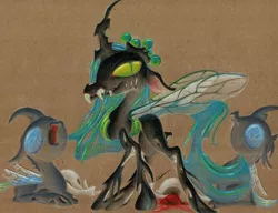 Size: 1066x820 | Tagged: artist:getchanoodlewet, changeling, derpibooru import, queen chrysalis, safe, traditional art