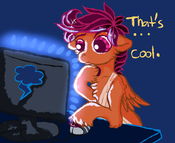 Size: 1300x1067 | Tagged: safe, artist:coppahhead, derpibooru import, scootaloo, ask ftm scootaloo, ask, breast binding, computer, hooves, solo, transgender, tumblr, unshorn fetlocks