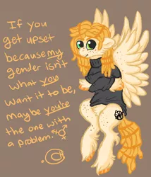 Size: 1200x1400 | Tagged: safe, derpibooru import, oc, unofficial characters only, pegasus, pony, dreadlocks, freckles, solo, text, transgender, unshorn fetlocks