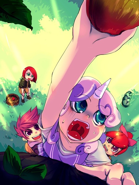 Size: 600x800 | Tagged: apple, apple bloom, artist:bakki, babs seed, clothes, cutie mark crusaders, derpibooru import, horned humanization, human, humanized, pile, safe, scootaloo, skirt, sweetie belle, tree, vertigo, winged humanization