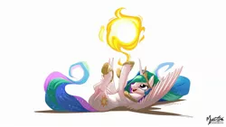 Size: 2560x1440 | Tagged: safe, artist:mysticalpha, derpibooru import, princess celestia, alicorn, pony, ball, behaving like a cat, cute, cutelestia, eyes on the prize, female, hoof shoes, jewelry, lidded eyes, mare, on back, open mouth, peytral, playing, plot, signature, simple background, smiling, solo, spread wings, sun, tangible heavenly object, tiara, underhoof, wallpaper, white background, wings