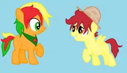 Size: 400x230 | Tagged: artist:unoriginai, derpibooru import, magical lesbian spawn, oc, oc:dusty, oc:zapple, offspring, parent:apple bloom, parent:scootaloo, parents:scootabloom, safe, simple background, twins, unofficial characters only