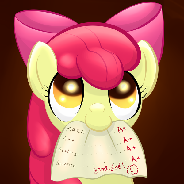 Size: 2000x2000 | Tagged: a+, apple bloom, artist:malwinters, derpibooru import, grades, mouth hold, report card, safe, solo