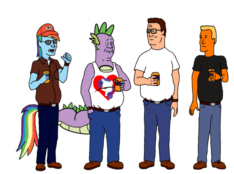 Size: 935x695 | Tagged: artist:aniamalman, bill dauterive, boomhauer, crossover, dale gribble, derpibooru import, hank hill, human, king of the hill, rainbow dash, rarity, safe, spike