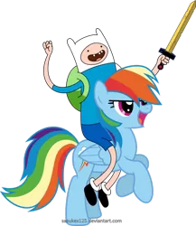 Size: 833x958 | Tagged: safe, artist:sasukex125, derpibooru import, rainbow dash, human, pegasus, pony, adventure time, backpack, crossover, female, finn the human, humans riding ponies, male, mare, rearing, riding, sword