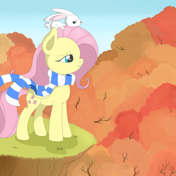 Size: 894x894 | Tagged: safe, artist:fluttershyfree, derpibooru import, angel bunny, fluttershy, autumn, clothes, scarf