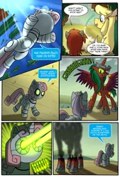 Size: 1483x2200 | Tagged: safe, artist:madmax, derpibooru import, oc, oc:annabelle, oc:double tap, unofficial characters only, alicorn, pony, robot, unicorn, fallout equestria, fallout equestria: anywhere but here, fallout equestria:shining hearts, armor, comic, eye beams, fanfic art, female, filly, foal, hooves, horn, laser, mutant, open mouth, sweetie bot