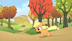 Size: 1280x720 | Tagged: safe, derpibooru import, screencap, applejack, earth pony, pony, the cutie mark chronicles, apple orchard, apple tree, autumn, blank flank, cute, female, filly, filly applejack, freckles, jackabetes, orchard, running, smiling, solo, sweet apple acres, tree, younger