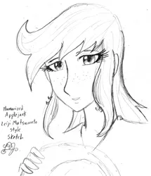 Size: 688x800 | Tagged: applejack, artist:dj-black-n-white, derpibooru import, human, humanized, leiji matsumoto style, monochrome, safe, solo, style emulation