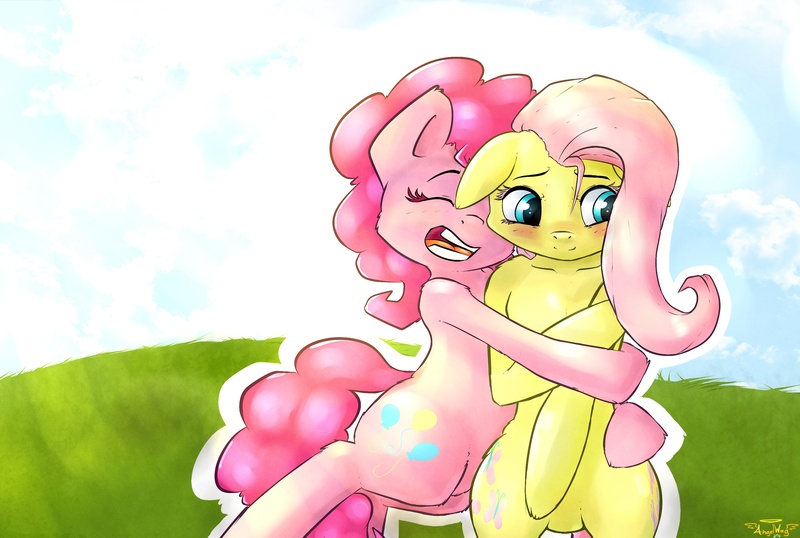 Size: 2900x1950 | Tagged: safe, artist:angelwing314, derpibooru import, fluttershy, pinkie pie, pony, bipedal, blushing, female, floppy ears, flutterpie, hug, lesbian, shipping