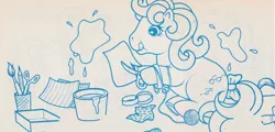 Size: 1088x522 | Tagged: safe, derpibooru import, official, baby shady, earth pony, pony, coloring book, filly, g1, italian coloring book, monochrome, paint, paintbrush, paper, scissors, solo, tape, yarn, yarn ball