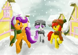 Size: 4960x3507 | Tagged: apple bloom, artist:benjik, clothes, cutie mark crusaders, derpibooru import, hat, safe, scarf, scootaloo, snow, snowfall, sweetie belle, winter