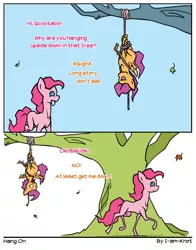Size: 1050x1338 | Tagged: safe, artist:i-am-knot, derpibooru import, pinkie pie, scootaloo, comic, rope, suspended, tree, upside down