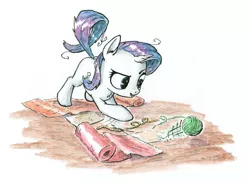 Size: 1936x1407 | Tagged: safe, artist:mcstalins, derpibooru import, rarity, pony, unicorn, behaving like a cat, fabric, female, filly, filly rarity, measuring tape, playing, solo, traditional art, yarn, yarn ball, younger