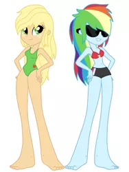Size: 828x1102 | Tagged: safe, artist:kog, derpibooru import, applejack, rainbow dash, equestria girls, barefoot, belly button, bikini, cankles, cleavage, clothes, feet, female, one-piece swimsuit, sunglasses, swimsuit