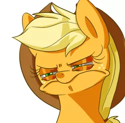 Size: 634x626 | Tagged: applejack, artist:sion, derpibooru import, eyeshadow, frown, safe, solo, squint, unamused