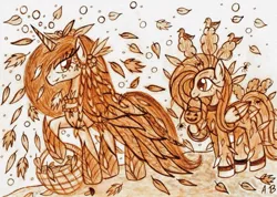 Size: 1059x755 | Tagged: safe, artist:rossmaniteanzu, derpibooru import, fluttershy, oc, bird, pegasus, pony, spider, unicorn, autumn, autumn leaves, clothes, costume, fluttertree, halloween, mushroom, nightmare night, traditional art