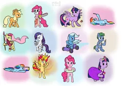 Size: 1024x726 | Tagged: safe, artist:phallen1, derpibooru import, applejack, fluttershy, pinkie pie, rainbow dash, rarity, sunset shimmer, trixie, twilight sparkle, twilight sparkle (alicorn), oc, oc:software patch, alicorn, pony, chainsaw, chair, cloak, clothes, cosplay, crown, dragoon, female, fiery shimmer, fire, game boy, glasses, go kart, growth, hockey mask, inner tube, mane of fire, mare, medal, mobile phone, mushroom, scepter