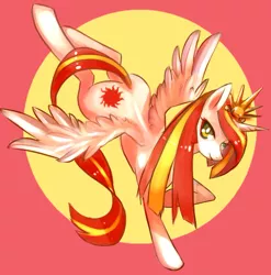 Size: 1181x1195 | Tagged: safe, artist:tc, derpibooru import, oc, oc:poniko, unofficial characters only, alicorn, pony, alicorn oc, flying, looking at you, pixiv, princess rising sun, simple background, solo