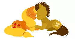 Size: 962x512 | Tagged: applejack, applewhooves, artist:grim-tales, doctor whooves, hatless, missing accessory, prone, safe, shipping, time turner