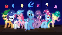 Size: 10667x6000 | Tagged: safe, artist:spectty, derpibooru import, applejack, fluttershy, pinkie pie, rainbow dash, rarity, trixie, twilight sparkle, twilight sparkle (alicorn), alicorn, pony, absurd resolution, clothes, costume, female, line-up, mane six, mare, roleplaying, stage