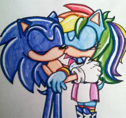 Size: 1495x1393 | Tagged: anthro, background pony strikes again, crossover, crossover shipping, derpibooru import, equestria girls outfit, female, kissing, male, rainbow dash, safe, shipping, sonicdash, sonicified, sonic the hedgehog, sonic the hedgehog (series), straight, style emulation