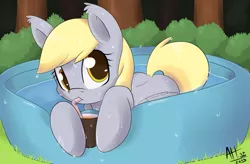 Size: 1425x936 | Tagged: safe, artist:average-hanzo, derpibooru import, derpy hooves, pegasus, pony, bush, drink, drinking, ear fluff, female, grass, hoof hold, looking at you, mare, outdoors, signature, solo, straw, swimming pool, tree, water, wet
