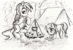 Size: 1667x1130 | Tagged: safe, artist:mcstalins, derpibooru import, derpy hooves, dinky hooves, pegasus, pony, book, camping, female, fire, ladle, mare, monochrome, pot, tent, traditional art