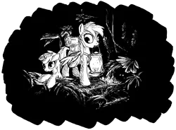 Size: 2257x1665 | Tagged: safe, artist:mcstalins, derpibooru import, derpy hooves, dinky hooves, pegasus, pony, backpack, black and white, dark, eyes in the dark, female, forest, glow, grayscale, lantern, mare, monochrome, mouth hold, traditional art