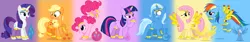 Size: 5950x1000 | Tagged: dead source, safe, artist:navitaserussirus, derpibooru import, applejack, fluttershy, pinkie pie, rainbow dash, rarity, trixie, twilight sparkle, earth pony, genie, pegasus, pony, unicorn, blushing, bottle, colored horn, colored wings, cutie mark, female, flutterdash, geniefied, hoof ring, horn, jewelry, lesbian, mane six, mare, multicolored wings, rainbow wings, rarijack, shipping, twixie, unicorn twilight, wings