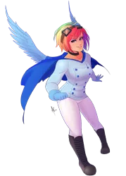 Size: 1000x1400 | Tagged: artist:spittfireart, cape, clothes, derpibooru import, goggles, human, humanized, rainbow dash, safe, solo, winged humanization
