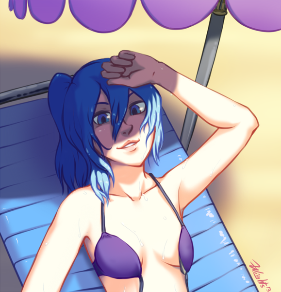 Size: 690x715 | Tagged: armpits, artist:7nights, beach, bikini, breasts, clothes, delicious flat chest, derpibooru import, female, human, humanized, nudity, princess luna, s1 luna, solo, solo female, suggestive, sunbathing, swimsuit