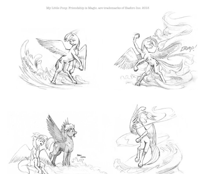 Size: 1326x1167 | Tagged: artist:baron engel, cloud, cloudchaser, dancing, derpibooru import, monochrome, oc, pencil drawing, rainbow dash, safe, sketch, thunderlane, traditional art, weather, wingboner